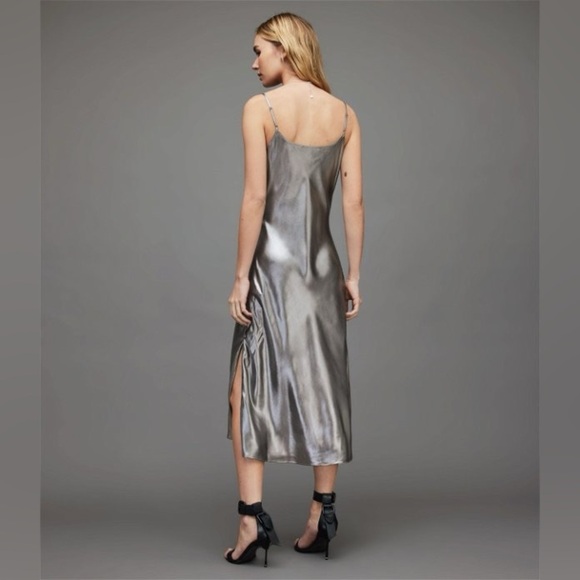 ALLSAINTS Hadley Metallic Slip Midi Dress - Picture 2 of 9